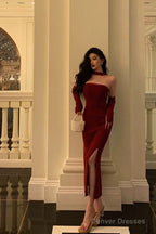 Gorgeous Sheath Strapless Burgundy Date Night Dress Tulle Prom Dresses With Gloves Party Dress Birthday Outfits