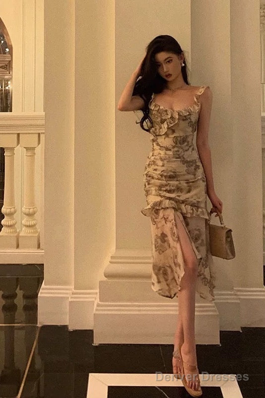 Gorgeous Sheath Straps Date Night Dress Floral Prom Dresses Party Dress Birthday Outfits