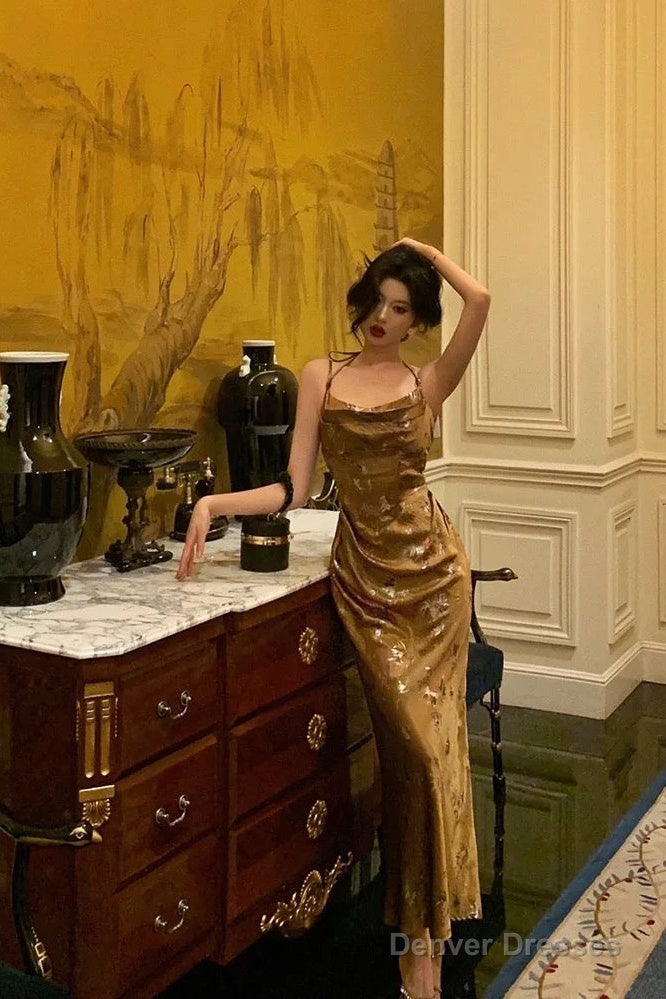 Gorgeous Sheath Straps Gold Satin Date Night Dress Long Prom Dresses Birthday Outfits