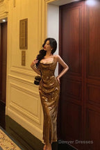 Gorgeous Sheath Straps Gold Satin Date Night Dress Long Prom Dresses Birthday Outfits