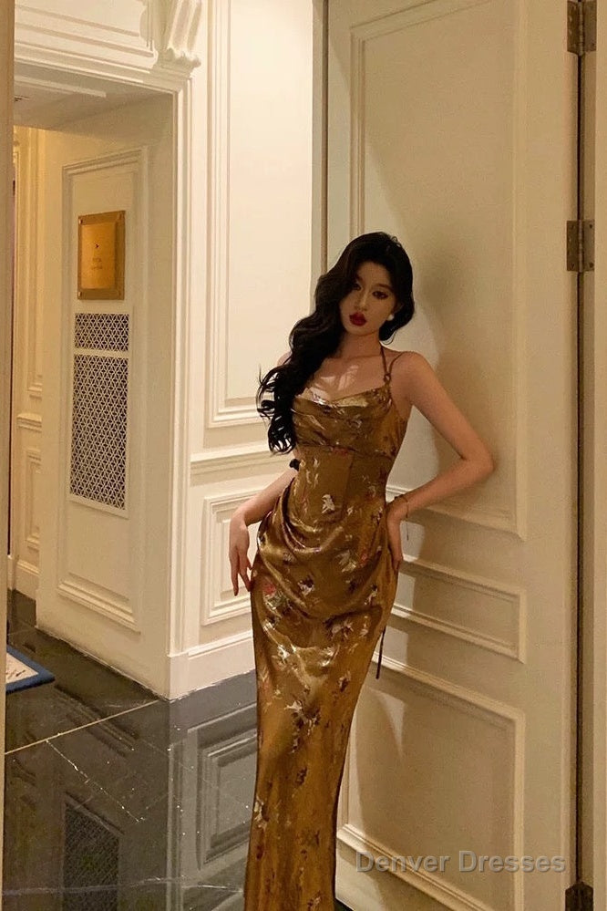 Gorgeous Sheath Straps Gold Satin Date Night Dress Long Prom Dresses Birthday Outfits
