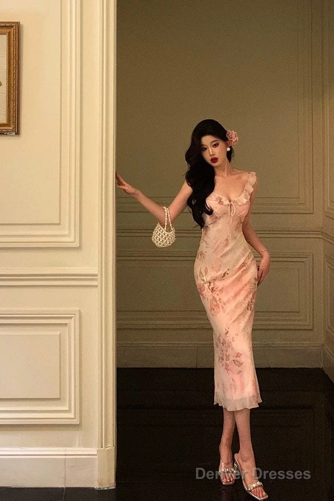 Gorgeous Sheath V Neckline Date Night Dress Floral Pink Prom Dresses Party Dress Birthday Outfits Main image