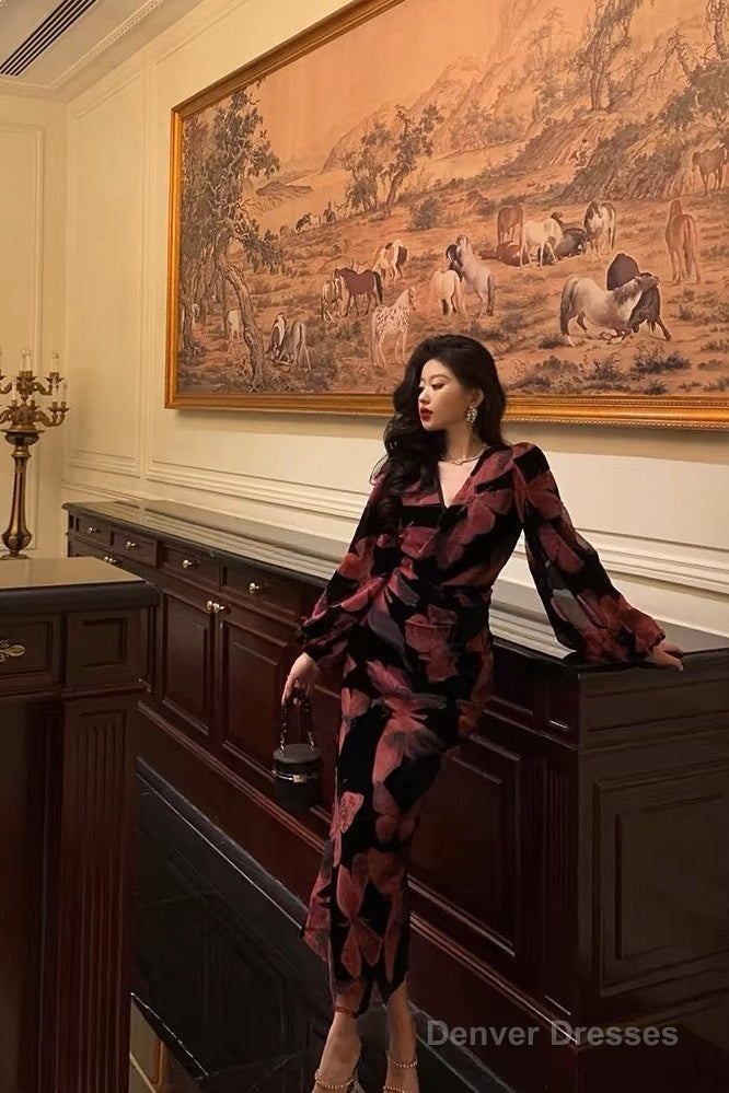 Gorgeous Sheath V Neckline Pink Floral Date Night Dress Long Prom Dresses Birthday Outfits Main image