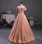 Gorgeous Shimmering Pink-Gold Ruched Sequin Sheer Tulle Long Ball Gown Evening Dress Sweet 16 Dress