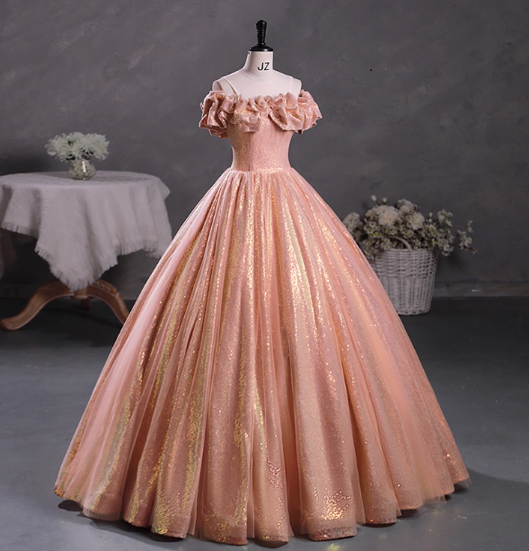 Gorgeous Shimmering Pink-Gold Ruched Sequin Sheer Tulle Long Ball Gown Evening Dress Sweet 16 Dress