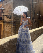 Elegant Floral Print Chiffon Long Prom Dress Evening Dress