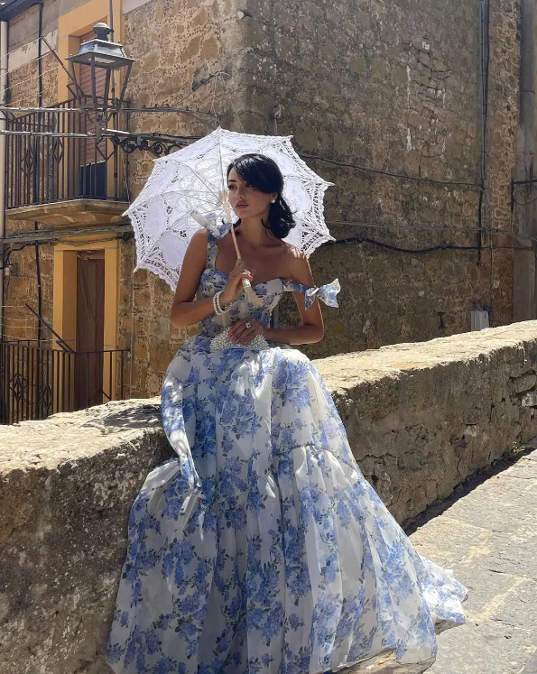 Elegant Floral Print Chiffon Long Prom Dress Evening Dress