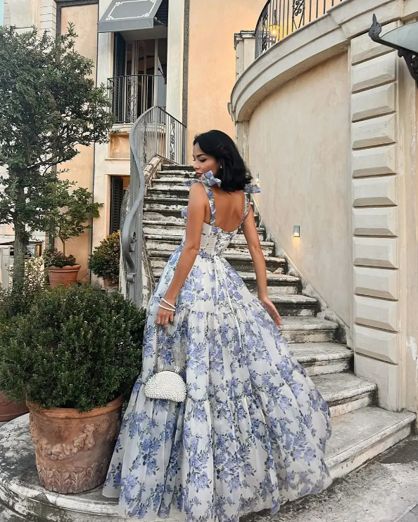 Elegant Floral Print Chiffon Long Prom Dress Evening Dress