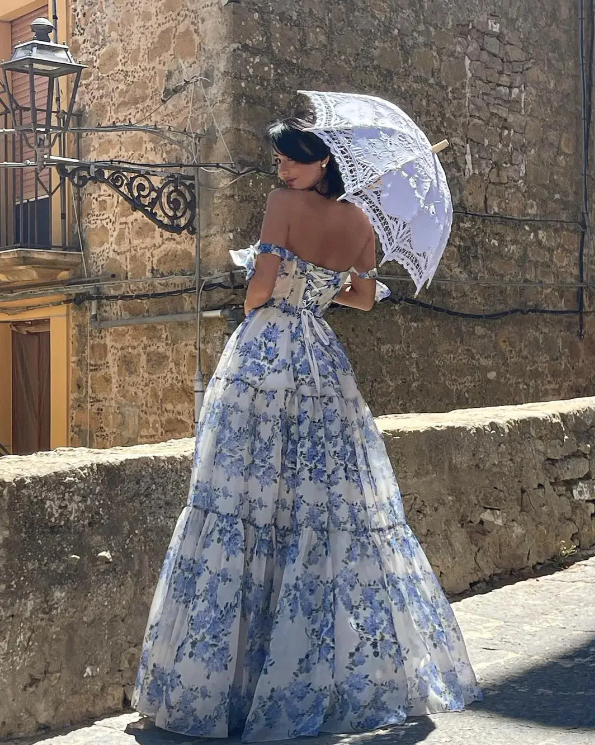 Elegant Floral Print Chiffon Long Prom Dress Evening Dress