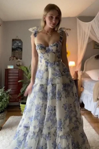 Elegant Floral Print Chiffon Long Prom Dress Evening Dress