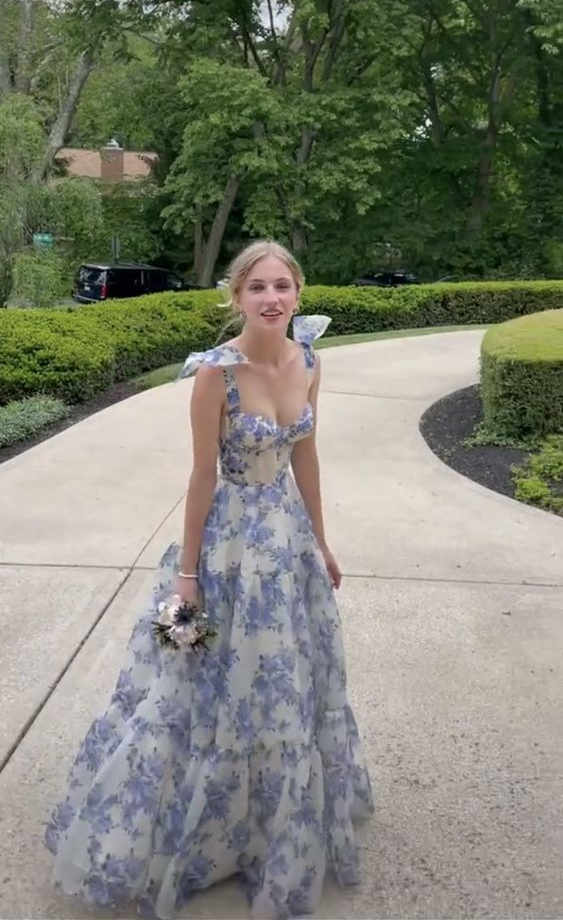 Elegant Floral Print Chiffon Long Prom Dress Evening Dress