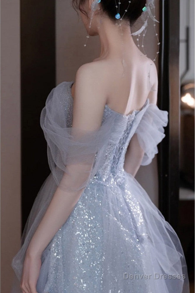 Gorgeous Silver Bling Tulle Off Shoulder Prom Dress