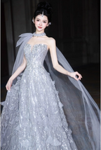 Gorgeous Silver Gray A-Line Strapless Sequined Train Prom Dress Evening Dress