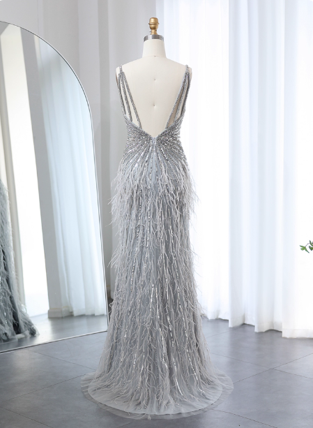 Gorgeous Silver-Grey Spaghetti Strap V-Neck Feather Sequin Slit Long Prom Dress Evening Dress