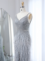 Gorgeous Silver-Grey Spaghetti Strap V-Neck Feather Sequin Slit Long Prom Dress Evening Dress
