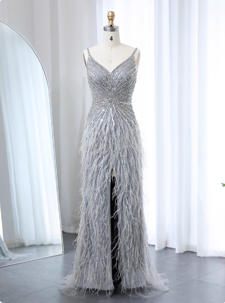 Gorgeous Silver-Grey Spaghetti Strap V-Neck Feather Sequin Slit Long Prom Dress Evening Dress Main image