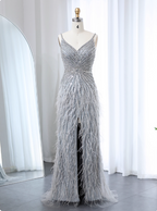 Gorgeous Silver-Grey Spaghetti Strap V-Neck Feather Sequin Slit Long Prom Dress Evening Dress