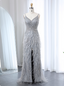 Gorgeous Silver-Grey Spaghetti Strap V-Neck Feather Sequin Slit Long Prom Dress Evening Dress