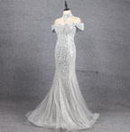 Gorgeous Silver Mermaid Off-The-Shoulder Beaded Sparkly Tulle Train Prom Dress Evening Dress