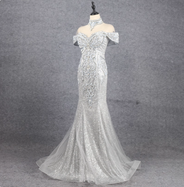 Gorgeous Silver Mermaid Off-The-Shoulder Beaded Sparkly Tulle Train Prom Dress Evening Dress
