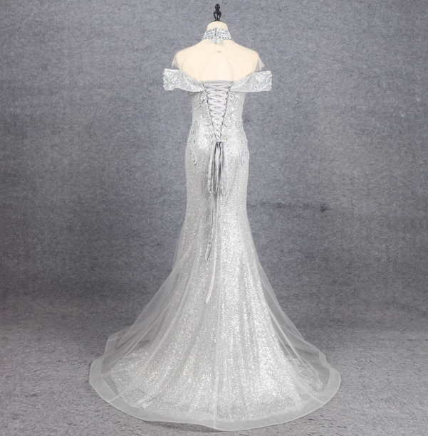 Gorgeous Silver Mermaid Off-The-Shoulder Beaded Sparkly Tulle Train Prom Dress Evening Dress