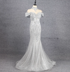 Gorgeous Silver Mermaid Off-The-Shoulder Beaded Sparkly Tulle Train Prom Dress Evening Dress