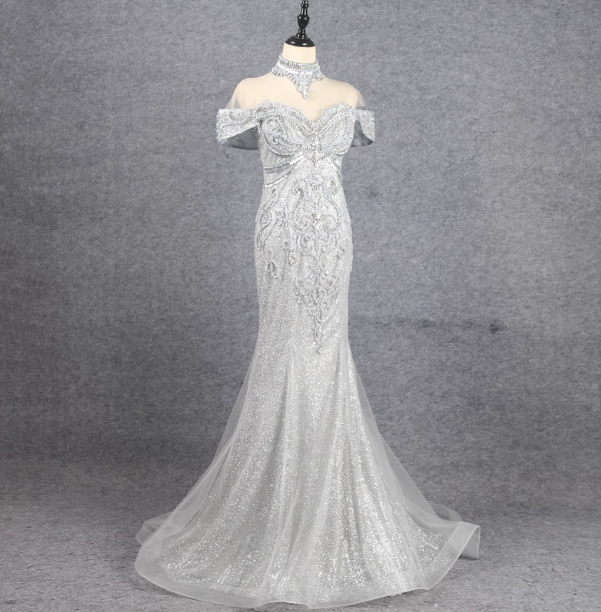 Gorgeous Silver Mermaid Off-The-Shoulder Beaded Sparkly Tulle Train Prom Dress Evening Dress