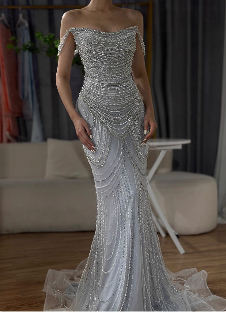 Gorgeous Silver Mermaid Off-The-Shoulder Pearl Chain Beaded Tulle Train Prom Dress Evening Dress