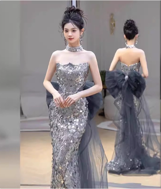 Gorgeous Silver Mermaid Strapless Bow Sequined Train Prom Dress Evening Dress Secondary image