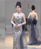 Gorgeous Silver Mermaid Strapless Bow Sequined Train Prom Dress Evening Dress