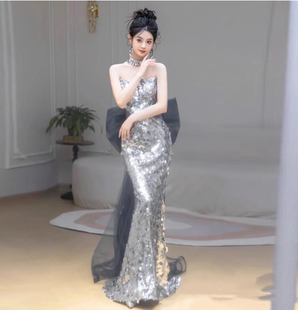 Gorgeous Silver Mermaid Strapless Bow Sequined Train Prom Dress Evening Dress