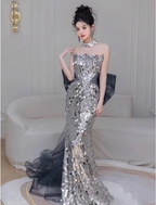 Gorgeous Silver Mermaid Strapless Bow Sequined Train Prom Dress Evening Dress