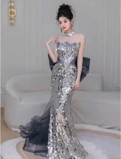 Gorgeous Silver Mermaid Strapless Bow Sequined Train Prom Dress Evening Dress