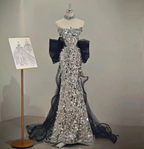 Gorgeous Silver Mermaid Strapless Bow Sequined Train Prom Dress Evening Dress