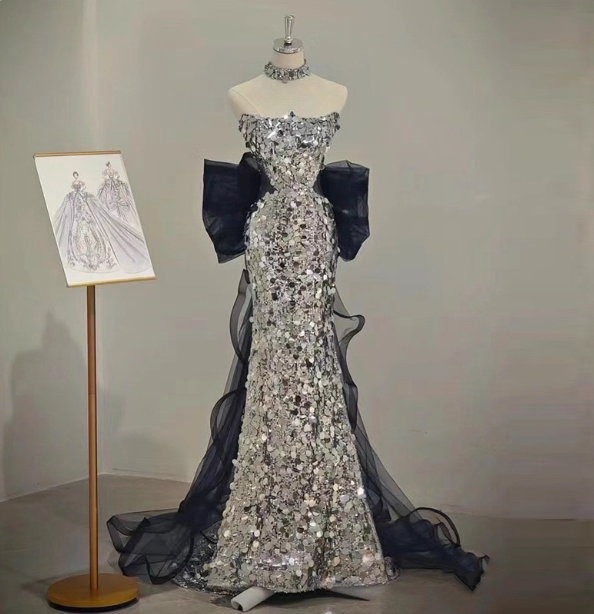 Gorgeous Silver Mermaid Strapless Bow Sequined Train Prom Dress Evening Dress