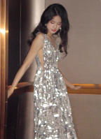 Gorgeous Silver V-Neck Tassel Sequin Long Prom Dress Evening Dress