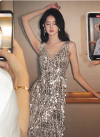 Gorgeous Silver V-Neck Tassel Sequin Long Prom Dress Evening Dress