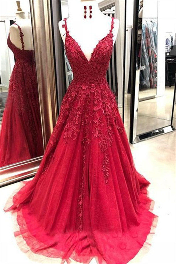 Gorgeous Spaghetti Strap Applique Prom Dresses Red Tulle Sleeveless Evening Dresses