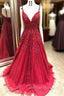 Gorgeous Spaghetti Strap Applique Prom Dress Red Tulle Sleeveless Evening Dress