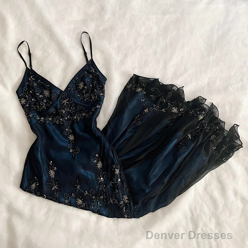 Gorgeous Spaghetti Straps Mermaid Navy Blue Beads Beaded Long Prom Dress Secondary image