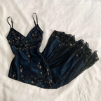 Gorgeous Mermaid Spaghetti Straps Beaded Navy Blue Satin Long Prom Dress