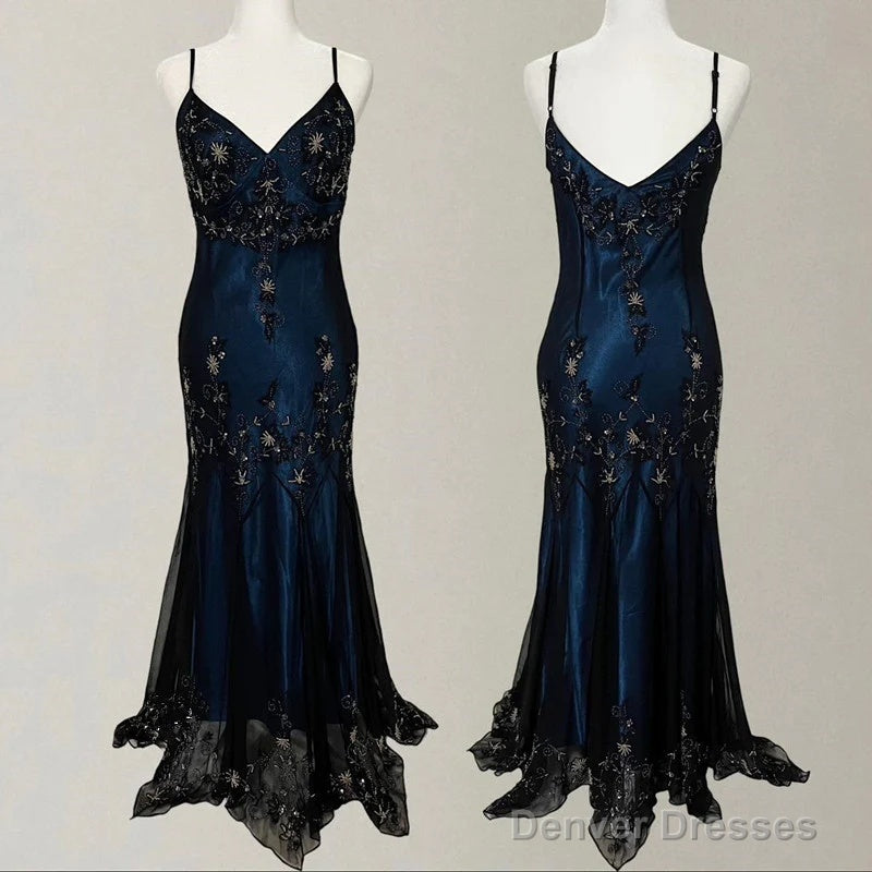 Gorgeous Spaghetti Straps Mermaid Navy Blue Beads Beaded Long Prom Dress