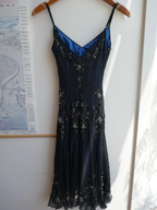 Gorgeous Mermaid Spaghetti Straps Beaded Navy Blue Satin Long Prom Dress