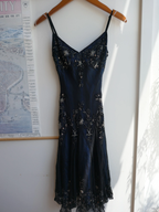 Gorgeous Mermaid Spaghetti Straps Beaded Navy Blue Satin Long Prom Dress