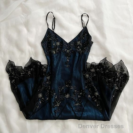 Gorgeous Spaghetti Straps Mermaid Navy Blue Beads Beaded Long Prom Dress