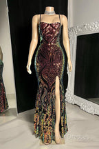 Gorgeous Spaghetti-Straps Mermaid Prom Dress Sequins Sleeveless With Slit