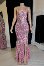 Gorgeous Spaghetti-Straps Mermaid Prom Dress Sequins Sleeveless With Slit