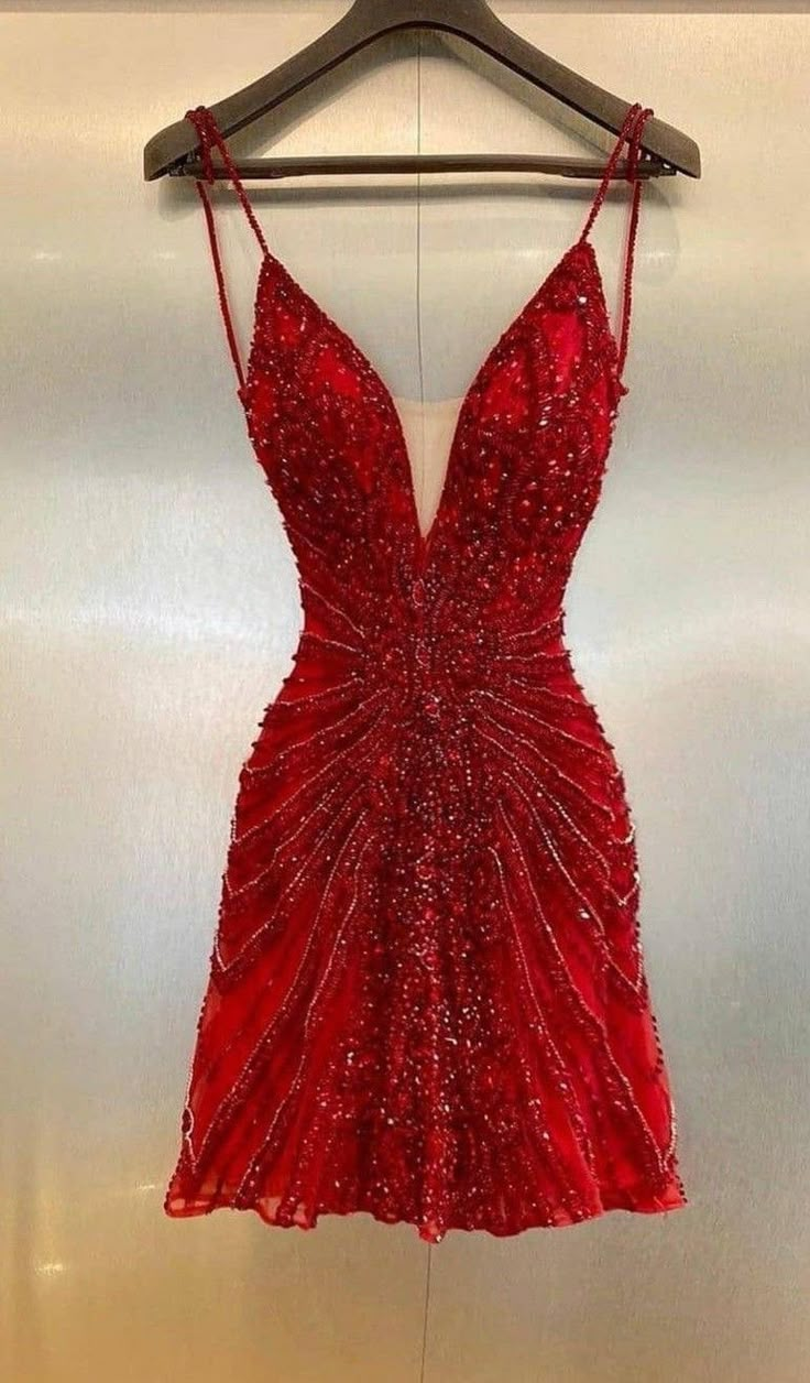 Gorgeous Spaghetti Straps Sequin Beaded Cocktail Dress Red Mini Birthday Outfits Homecoming Dress Main image