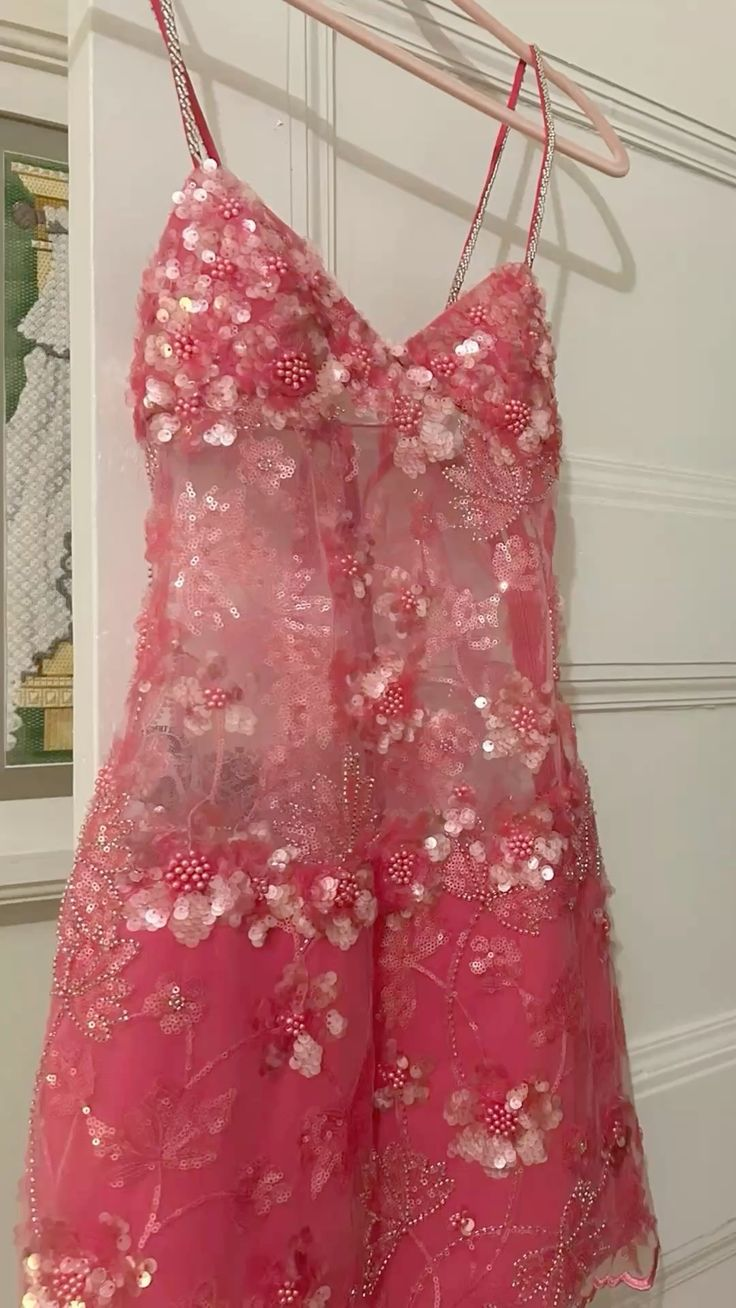 Gorgeous Spaghetti Straps Sequin Short Birthday Outfits Pink Graduation Homecoming Dress