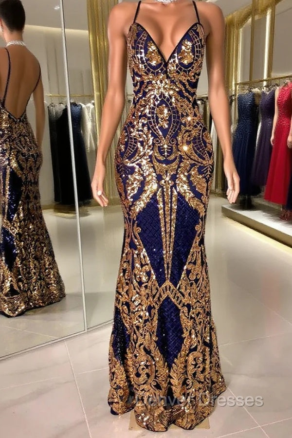 Gorgeous Spaghetti-Straps Sequins Mermaid Prom Dress Long V-Neck Main image